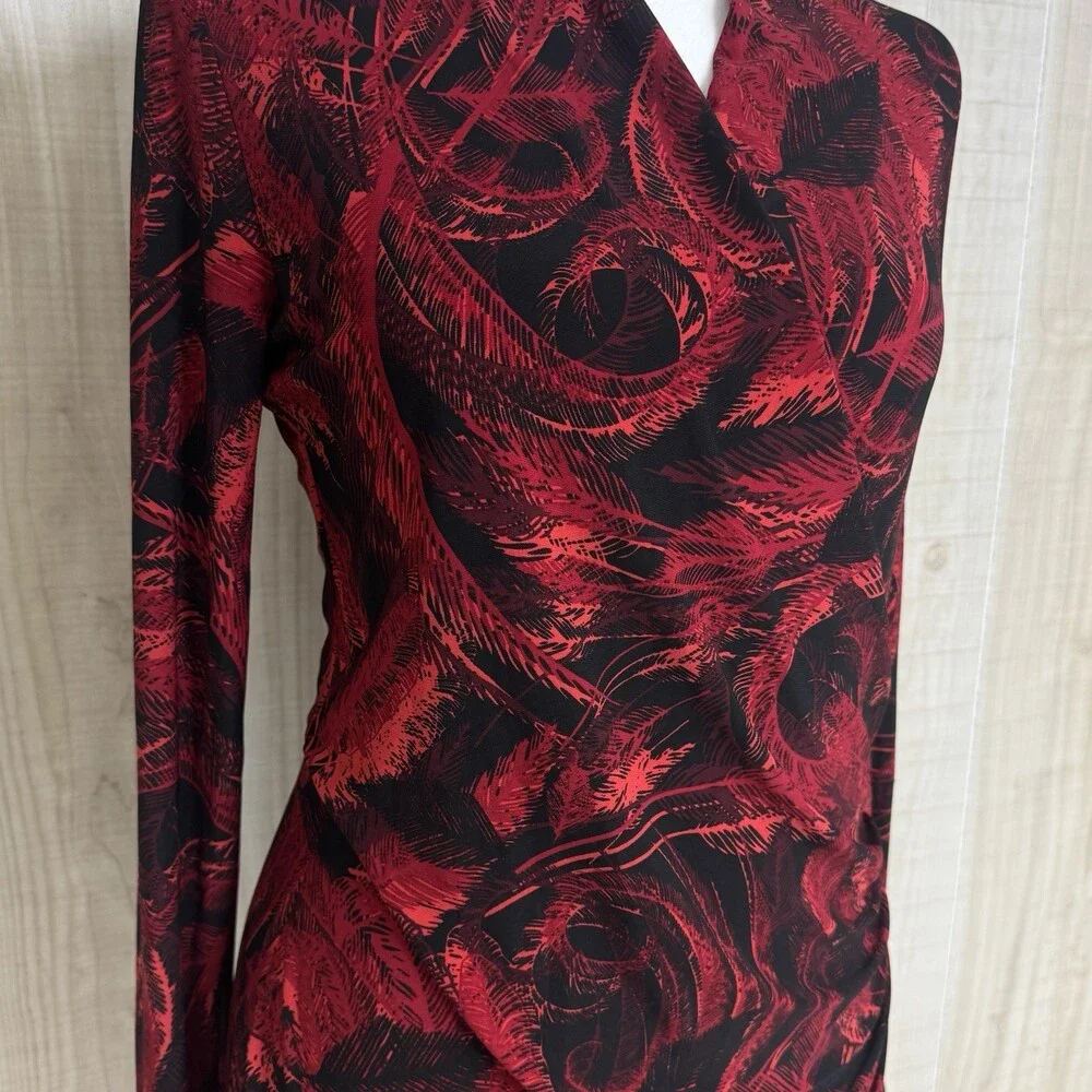 Norma Kamali Red Black Faux Wrap Dress Stretch Bodycon Long Sleeve Chic Bold Art - Picture 3 of 10